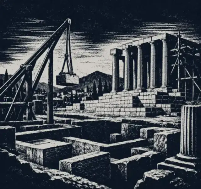 Engraving of a temple being built, a crane lifting a stone block onto the foundation
